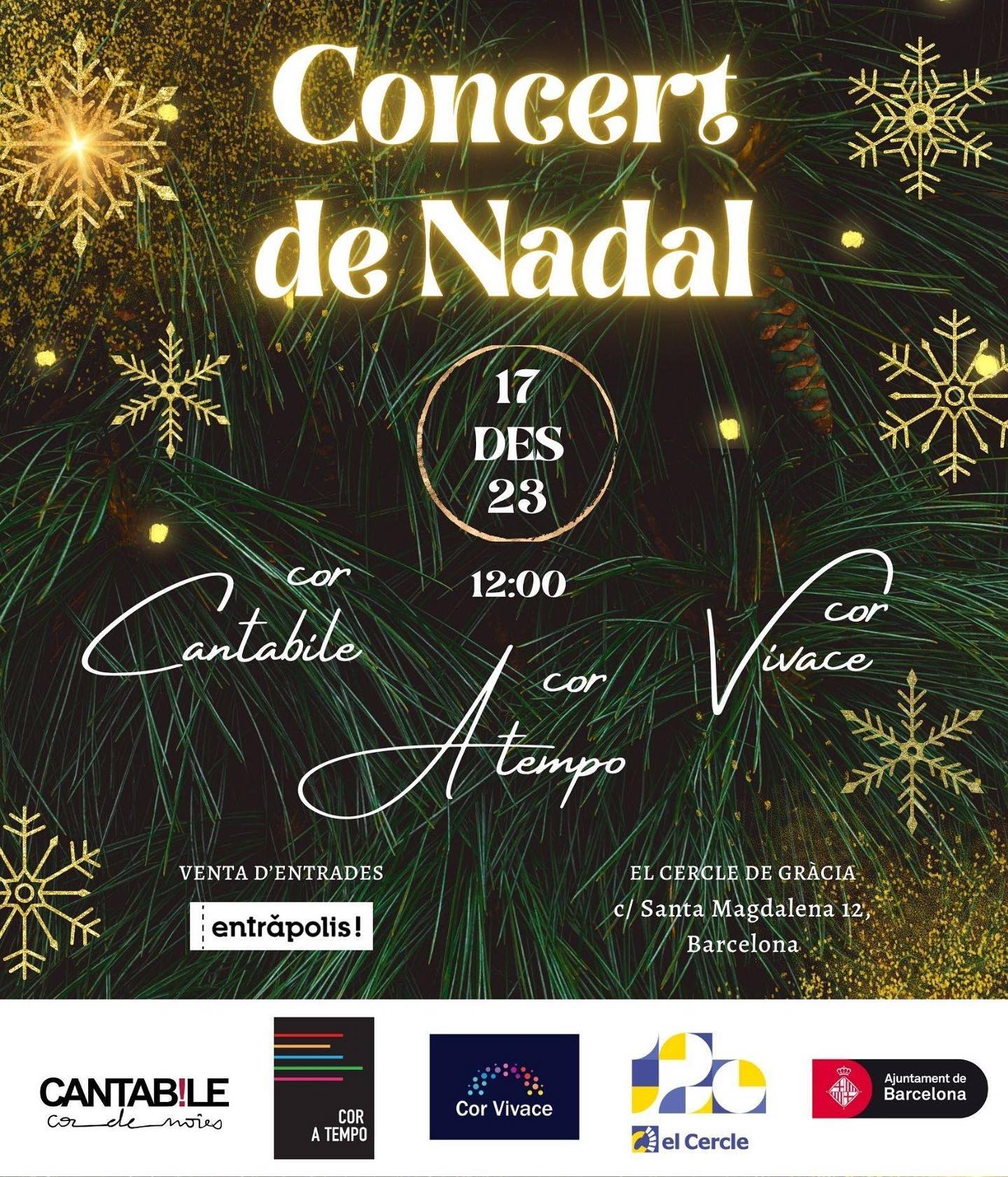 ✨🎄❤️Barcelona s’omple de llums de colors, baixen les temperatures i, com cada any, arriba el Concert de Nadal de les corals del Cercle ❤️🎄✨
Us esperem a totes i tots el dia 17 de desembre a les 12:00 al Cercle de Gràcia, entrades al link de la bio ✨