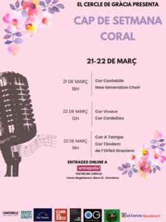 🌸🎶 Concert de Primavera de Cantabile 🎶🌸

La primavera arriba amb música! 🌼🌷

El proper 21 de març a les 18h us esperem al Cercle de Gràcia per compartir una tarda plena de veus, emocions i bon ambient. ✨🎤

Cantabile cantarem acompanyades de la coral gironina New Generation Choir 🤝🎶 en un concert molt especial que ens fa molta il·lusió compartir amb vosaltres. 💛

Si us ve de gust venir i gaudir d’una estona musical amb nosaltres 🎵😊, ja podeu aconseguir les entrades aquí 👇

🎟️ https://www.entrapolis.com/entrades/cap-de-setmana-coral-2026

Us hi esperem! 🙌🌸🎶